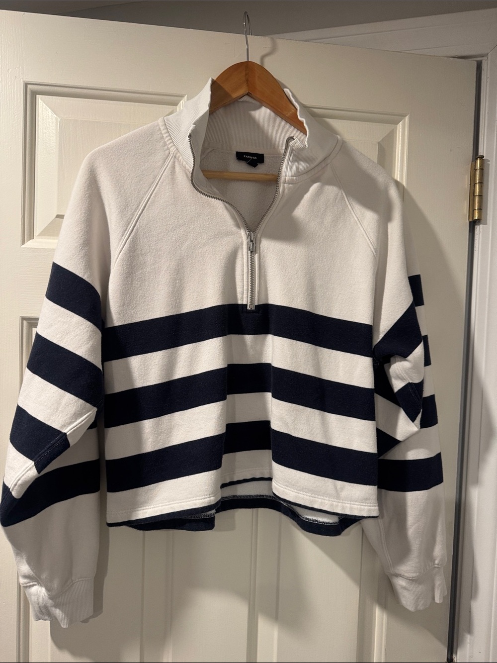 Express White and Navy Striped Half-Zip Tunic